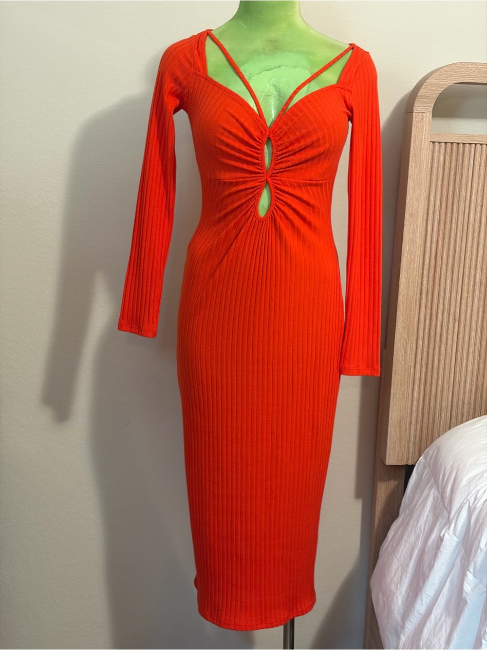 Red Long Sleeve Cutout Rib Midi Dress
